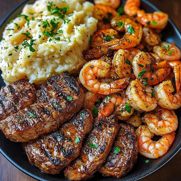 Spicy Cajun Shrimp 🦐 and Grilled Steak 🥩 Dinner