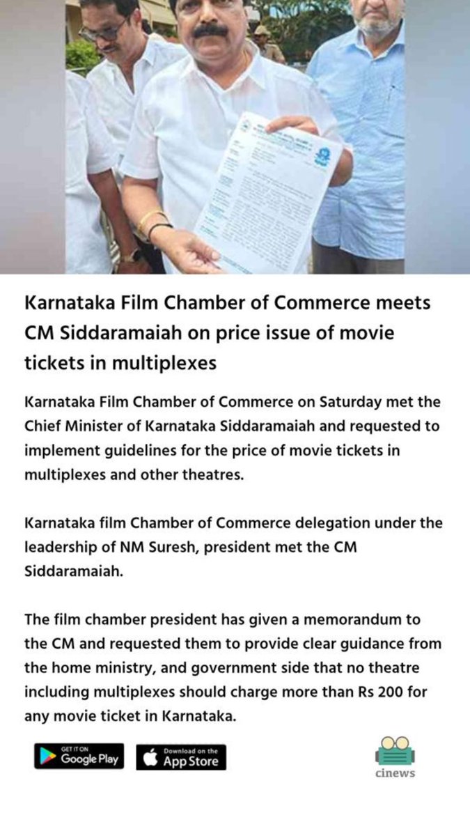 cinewsofficial's tweet photo. @kfcc_official meets
CM @siddaramaiah on price issue of movie tickets in multiplexes.

Download Cinews, to read Filmynews.    Install now: 
Android: https://t.co/y3Yeqg8V2o    
iOS: https://t.co/Jl905Oc3X1

#filmnews #cinemaupdates #kannada #Trending #siddaramaiah #cinews https://t.co/j8vJXldGv9