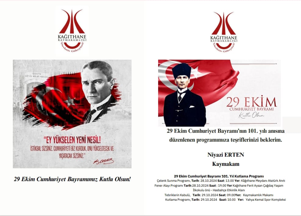 29 Ekim Cumhuriyet Bayramı'nın 101. yıl dönümü münasebetiyle düzenlenecek olan tören ve programlara tüm vatandaşlarımız davetlidir.