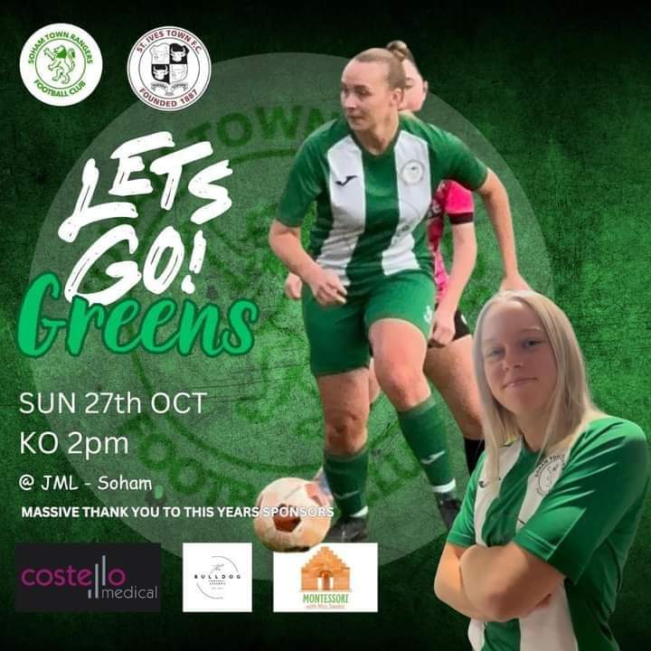 Soham Town Rangers FC (@sohamtownranger) on Twitter photo MATCHDAY
<a href="/soham_tr_ladies/">Soham Town Rangers Womens FC</a>
🆚 <a href="/IvesTownLadies/">St Ives Town FC Ladies</a>
🗓️ Sunday 27 October
🕑 2pm Kick Off
📍 Julius Martin Lane, Soham. CB7 5EQ
🎟️ Free Entry
🥤 Clubhouse Open
🟢 Support The Greens 🟢 MATCHDAY
<a href="/soham_tr_ladies/">Soham Town Rangers Womens FC</a>
🆚 <a href="/IvesTownLadies/">St Ives Town FC Ladies</a>
🗓️ Sunday 27 October
🕑 2pm Kick Off
📍 Julius Martin Lane, Soham. CB7 5EQ
🎟️ Free Entry
🥤 Clubhouse Open
🟢 Support The Greens 🟢