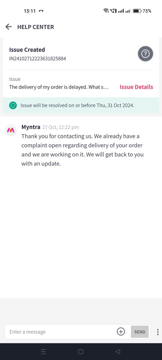 dipak_ojale's tweet photo. @MyntraSupport worst service ever.
Order placed as were to receive it by 26.10. Reached nearest hub to delivery address on 26.10 but still cc saying it wont get delivered today and wait for resolution till 31.10. Either deliver it today or am proceeding to cancel the order. https://t.co/D9p7ndXiqR