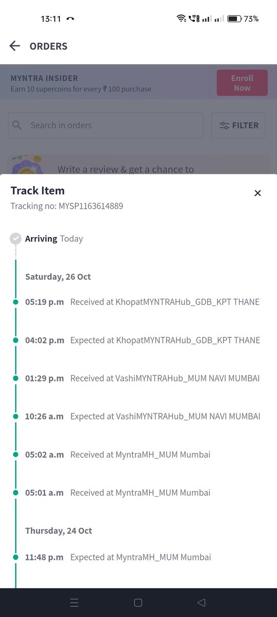 dipak_ojale's tweet photo. @MyntraSupport worst service ever.
Order placed as were to receive it by 26.10. Reached nearest hub to delivery address on 26.10 but still cc saying it wont get delivered today and wait for resolution till 31.10. Either deliver it today or am proceeding to cancel the order. https://t.co/D9p7ndXiqR