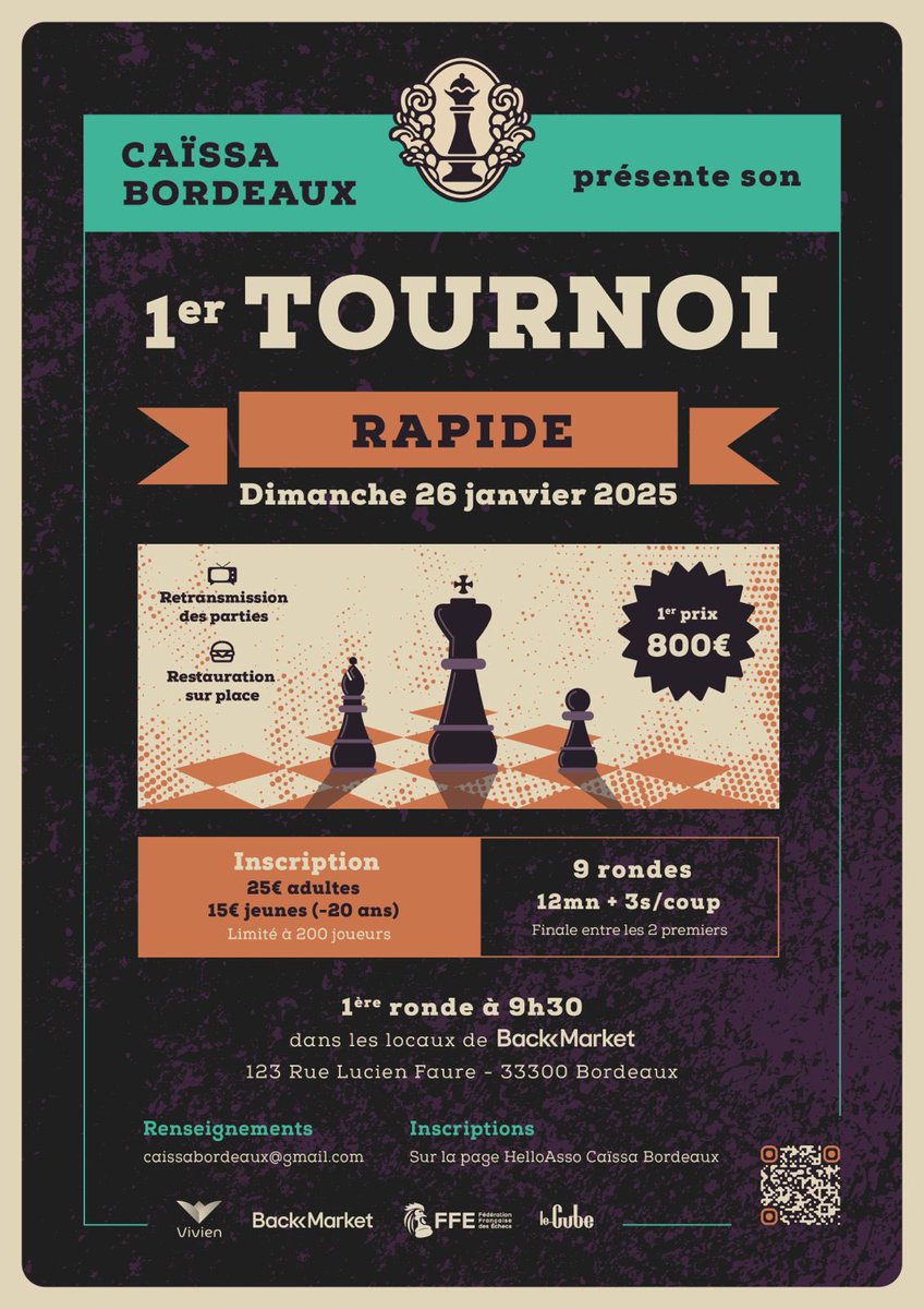 Sebastien Mazé (@mazetovic) on Twitter photo Le 26 Janvier 2025, on vous attend nombreux à Bordeaux dans les magnifiques locaux de <a href="/backmarket/">Back Market</a> pour le 1er Open de <a href="/caissa_bordeaux/">Caïssa Bordeaux</a>. Le plateau sera relevé avec la présence de <a href="/FressinetL/">Fressinet Laurent</a> , <a href="/MaxLaga/">Maxime Lagarde</a> , M.Cornette et tant d’autres.
Une belle fête du jeu d’échecs en perspective! Le 26 Janvier 2025, on vous attend nombreux à Bordeaux dans les magnifiques locaux de <a href="/backmarket/">Back Market</a> pour le 1er Open de <a href="/caissa_bordeaux/">Caïssa Bordeaux</a>. Le plateau sera relevé avec la présence de <a href="/FressinetL/">Fressinet Laurent</a> , <a href="/MaxLaga/">Maxime Lagarde</a> , M.Cornette et tant d’autres.
Une belle fête du jeu d’échecs en perspective!