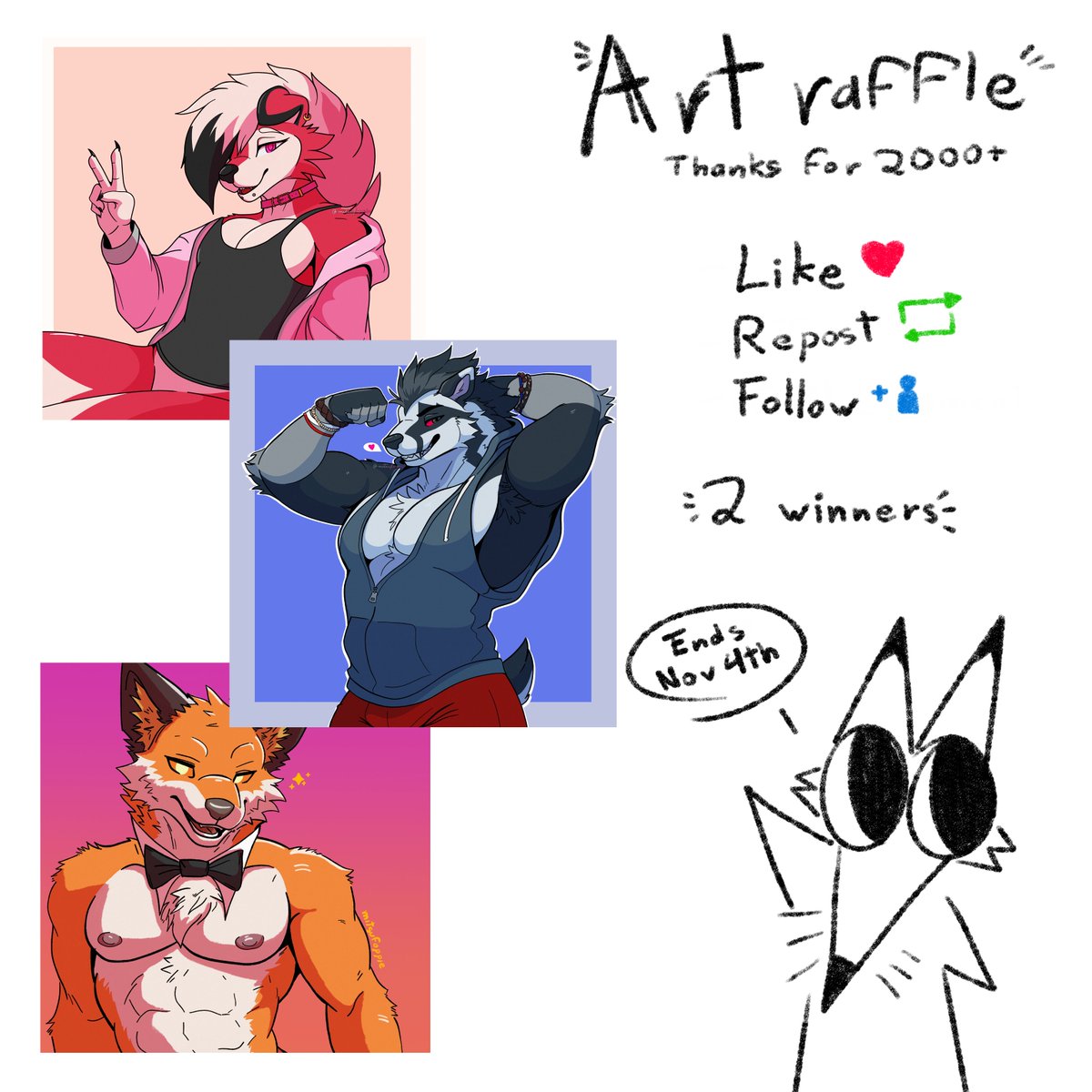 To celebrate over 2K followers I'm hosting an art raffle!

Rules:
-Like + Retweet (No QRT) 
-Follow
-(Optional) Comment a ref of your character

Ends on November 4th, good luck!