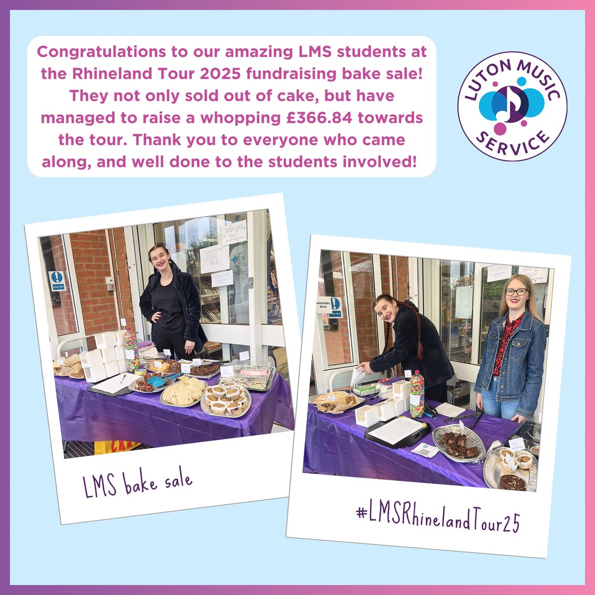 The wonderful students at LMS have been busy fundraising in Barton-Le-Clay! A massive well done to the students, and a big thank you to all who managed to come down and visit/donate 🧁🎉

#lmsrhinelandtour25 
#lutonmusicservice 
#fundraising 
#bakesale