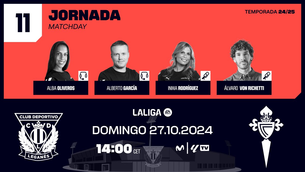 Alberto García (@1alberto_garcia) on Twitter photo ¡ Domingo de fútbol en LaLiga EASports !
CD Leganés 🆚 RC Celta
📆 Jornada 11
🏟️ Butarque
⏰ Previa desde 13:10h
📺 <a href="/MovistarFutbol/">Fútbol en Movistar Plus+</a>
#InsideLALIGA #LeganésCelta ¡ Domingo de fútbol en LaLiga EASports !
CD Leganés 🆚 RC Celta
📆 Jornada 11
🏟️ Butarque
⏰ Previa desde 13:10h
📺 <a href="/MovistarFutbol/">Fútbol en Movistar Plus+</a>
#InsideLALIGA #LeganésCelta