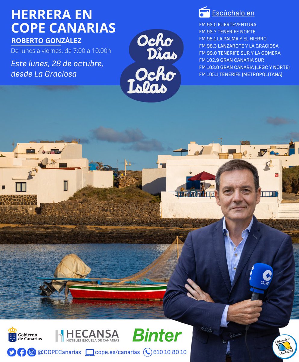 🎙 Segunda semana de #8días8islas🇮🇨.

🗣 Este lunes, #HerreraenCOPECanarias con @robertogonzaleztv desde Caleta de Sebo, en #LaGraciosa.

📻 FM COPE Más
💻 cope.es/canarias
📲 App <a href="/COPE/">COPE</a>
