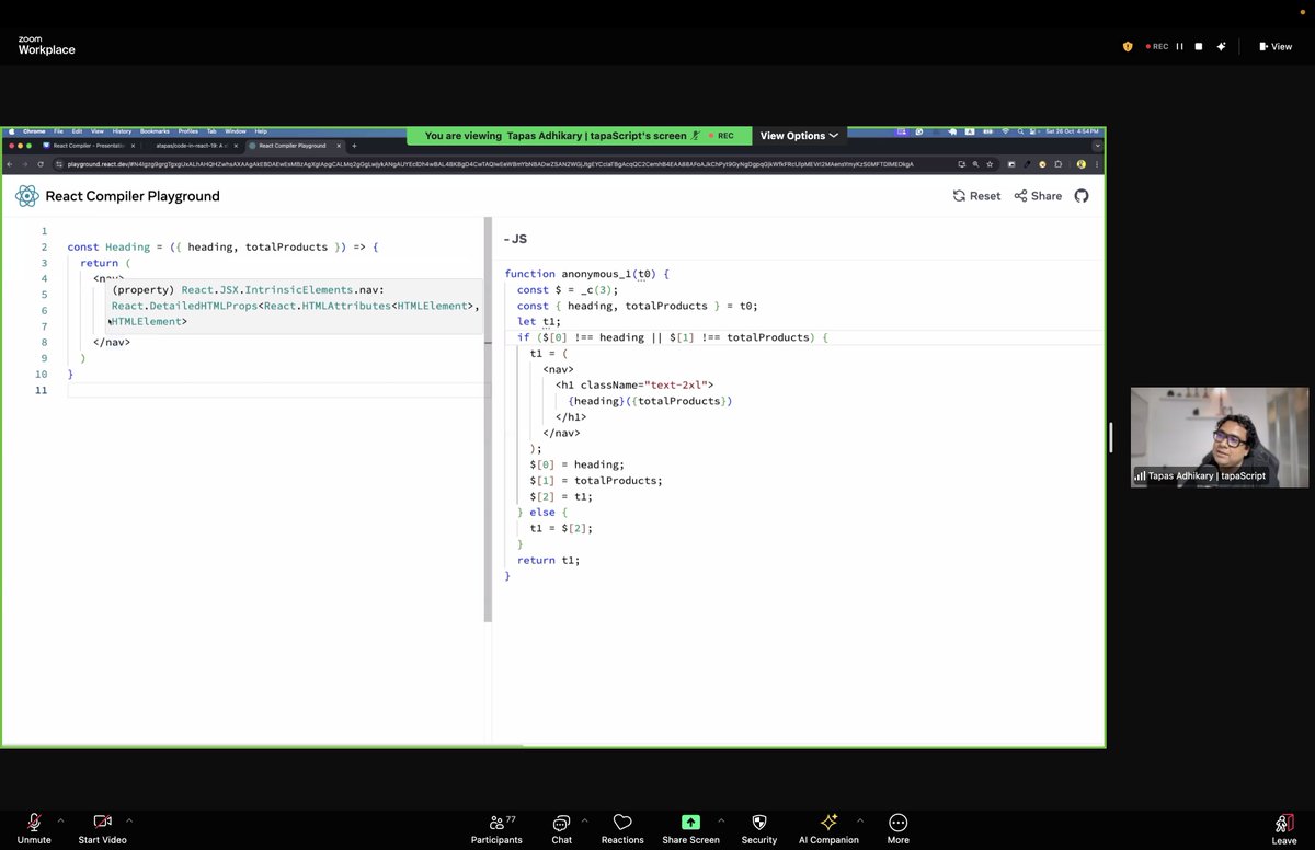 Chennai React (@chennaireact) on Twitter photo React Compiler session by <a href="/tapasadhikary/">Tapas Adhikary | tapaScript</a> was fantastic!
He broke down complex concepts with his usual flair, and we had a surprise visit from <a href="/_gsathya/">Sathya Gunasekaran</a>, who answered questions in the Zoom chat, adding even more value.
Missed it? No worries watch here 👉 youtu.be/aPiACOzfEo0 React Compiler session by <a href="/tapasadhikary/">Tapas Adhikary | tapaScript</a> was fantastic!
He broke down complex concepts with his usual flair, and we had a surprise visit from <a href="/_gsathya/">Sathya Gunasekaran</a>, who answered questions in the Zoom chat, adding even more value.
Missed it? No worries watch here 👉 youtu.be/aPiACOzfEo0