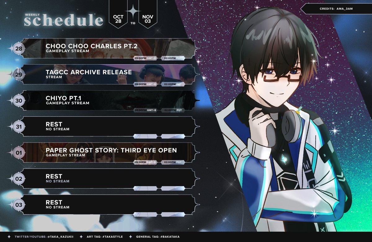 Taka_Kazukii's tweet photo. ✨#Spooktober Stream Schedule [28 Oct -2 Nov]🎧

28 Oct - Choo-Choo Charles Part 2
29 Oct - TAGCC Special DJ Set Archive Premiere
30 Oct - Chiyo P1
 1 Nov - Paper Ghost Story : Third Eye Open

Time : 9PM GMT+8

Schedule @/OrihimeVT 
Art:@ama_3am

#TakaPLive #TakaStyle #Proj_Orbit https://t.co/7nz6dkzjfs