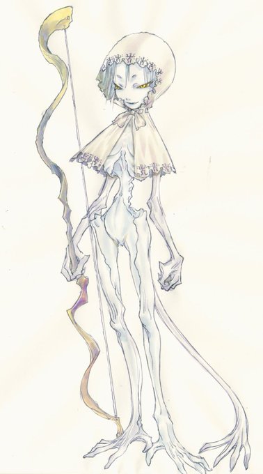 エルフのミオちゃんVer.2描いてみました。肋骨の中にほとんどの臓器が収まり、骨盤の中には生殖器だけが入っています。しっぽは枝につかまったり弓の弦を引いたりわたくしのち〇〇〇に巻き付いたりと万能の働きを見せます。それはともかくスキャナーの調子が妙だなー。 