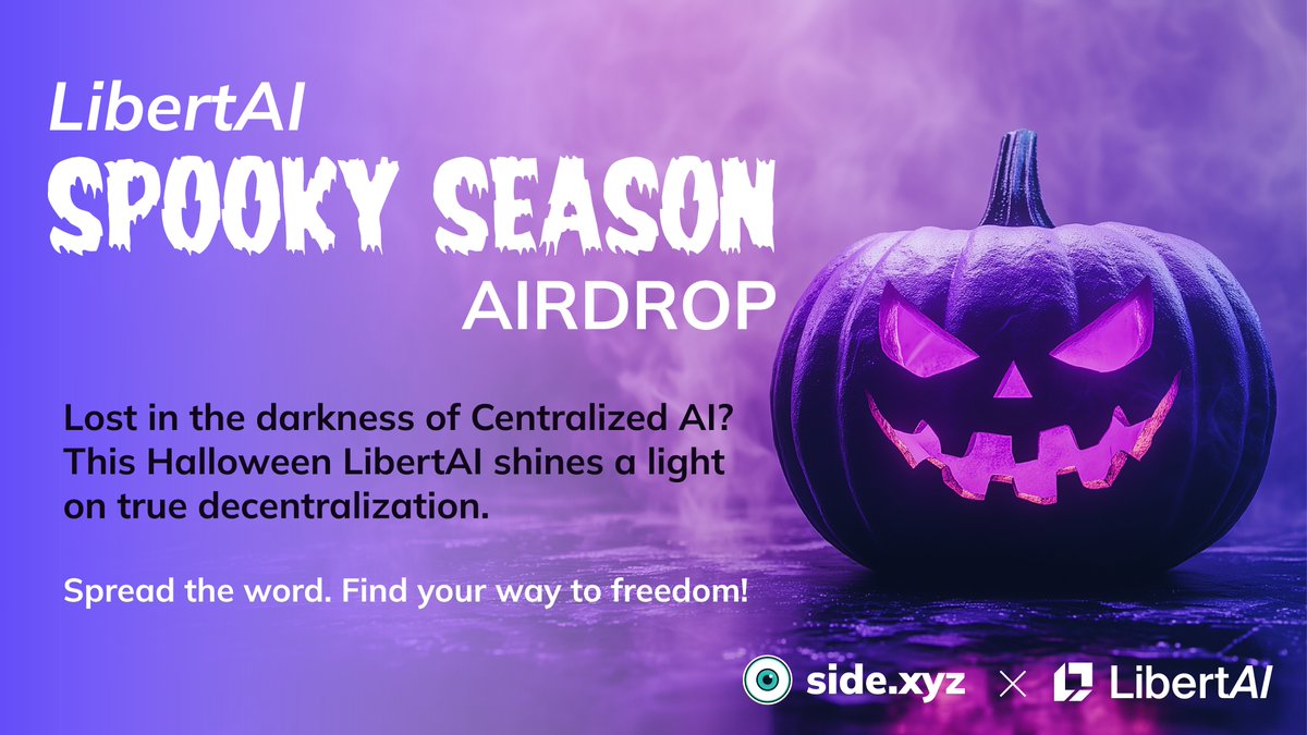 Win a share of 1 600 $LTAI #Airdrop

We're brewing up a spooky collaboration with <a href="/sidexyz/">Side.xyz</a> to cast a spell of Decentralized #AI across the web!🕸️

Join our #airdrop for a treat that's truly liberating!

Join the campaign side.xyz/libertai

Connect, post, earn points, win!