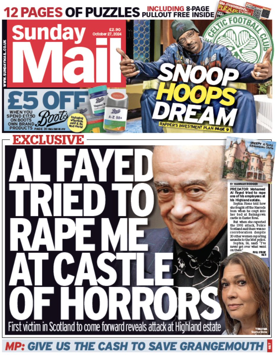 Good morning! Today's Sunday Mail front page leads on on one of Mohamed Al Fayed's former employees telling how the predator tried to rape her at his Highland estate.

#ScotPapers