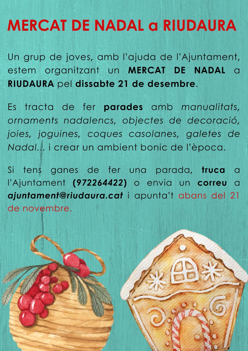 Animeu-vos a fer una parada pel mercat de Nadal que se celebrarà el 21 de desembre. La diada anirà acompanyada de moltes activitats que ja s’informaran properament. Aquestes parades poden ser de productors, artesans, infants, adults, famílies…