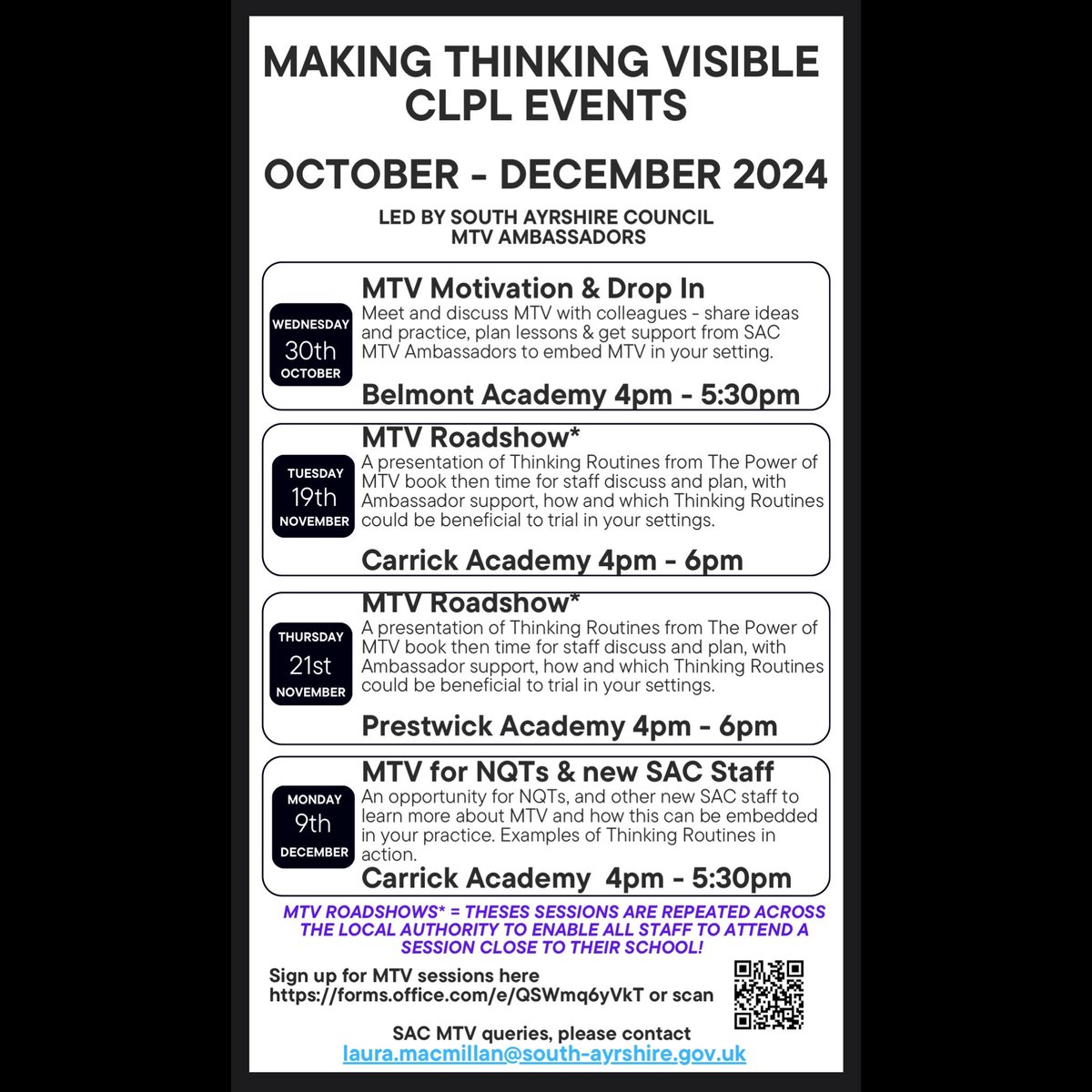 @SACMTV (@sacmtv) on Twitter photo @Sacmtv Training Calendar October - December 2024.
All <a href="/SACEducation/">South Ayrshire Council Education</a> colleagues welcome!
Sign up required using the QR code at the bottom of the picture or this link
🎟️forms.office.com/e/QSWmq6yVkT
📧Contact laura.macmillan@south-ayrshire.gov.uk for more info @Sacmtv Training Calendar October - December 2024.
All <a href="/SACEducation/">South Ayrshire Council Education</a> colleagues welcome!
Sign up required using the QR code at the bottom of the picture or this link
🎟️forms.office.com/e/QSWmq6yVkT
📧Contact laura.macmillan@south-ayrshire.gov.uk for more info