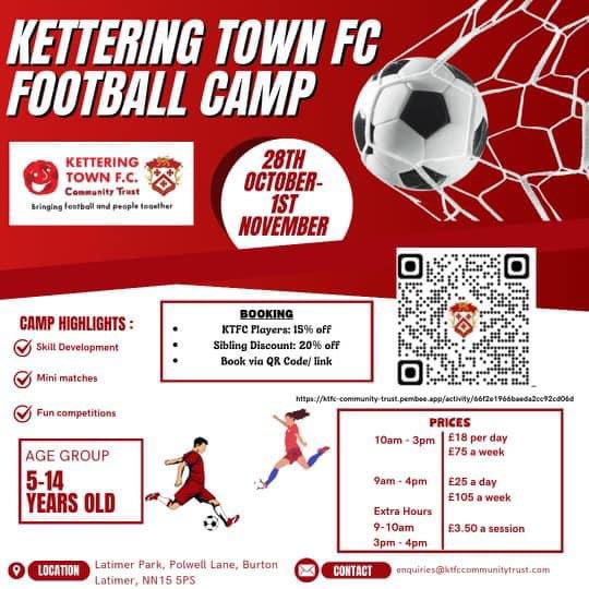 Still looking for something exciting for the children to do next week?
In the build up to the big FA Cup game, why not join us at the home of the Poppies 🔴⚫️
Individual day, or reduced priced weekly bookings available, 10-3 or 9-4 ⚽️🎃 

ktfccommunitytrust.com/october