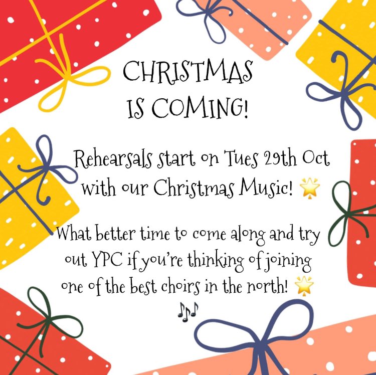 🌟A golden opportunity 🤩… 
Would you like to sing with YPC? 
Why not come along and try us out on Tuesday at QEGS school hall where you’ll find a warm welcome and some great Christmas music! 🎁🎶