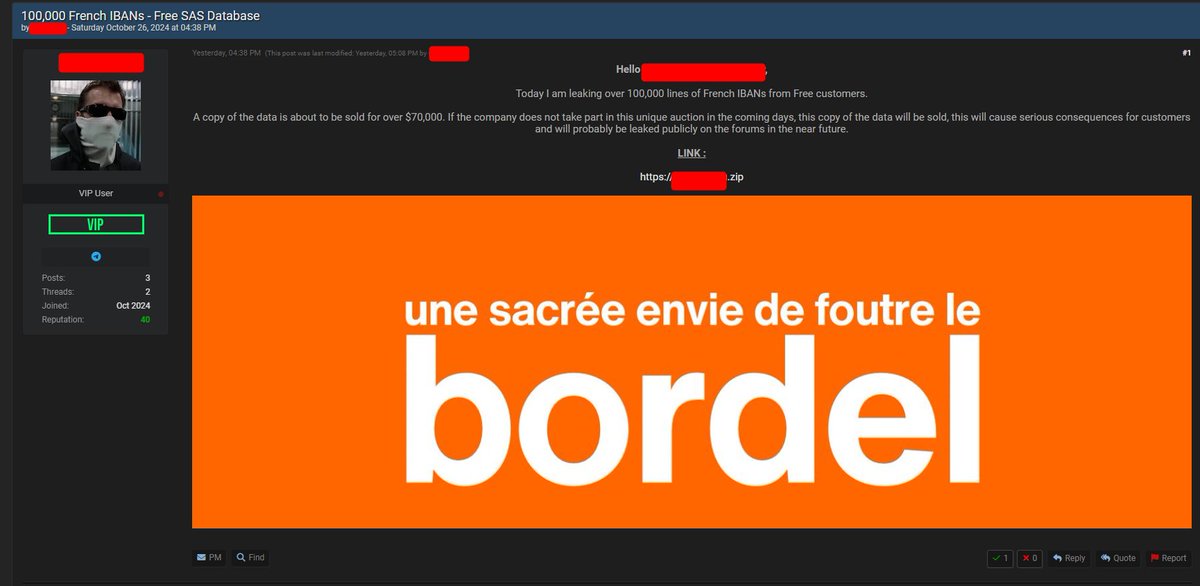 🚨🔴CYBERALERT, 🇫🇷FRANCE 🔴 | Cyberattaque Free, 100 000 IBAN diffusés gratuitement sur le "Amazon de la cybercriminalité" par le même cybercriminel français

La nuit dernière à 4h30 du matin, le cybercriminel à l'origine de la cyberattaque de Free à diffusé un échantillon de 100