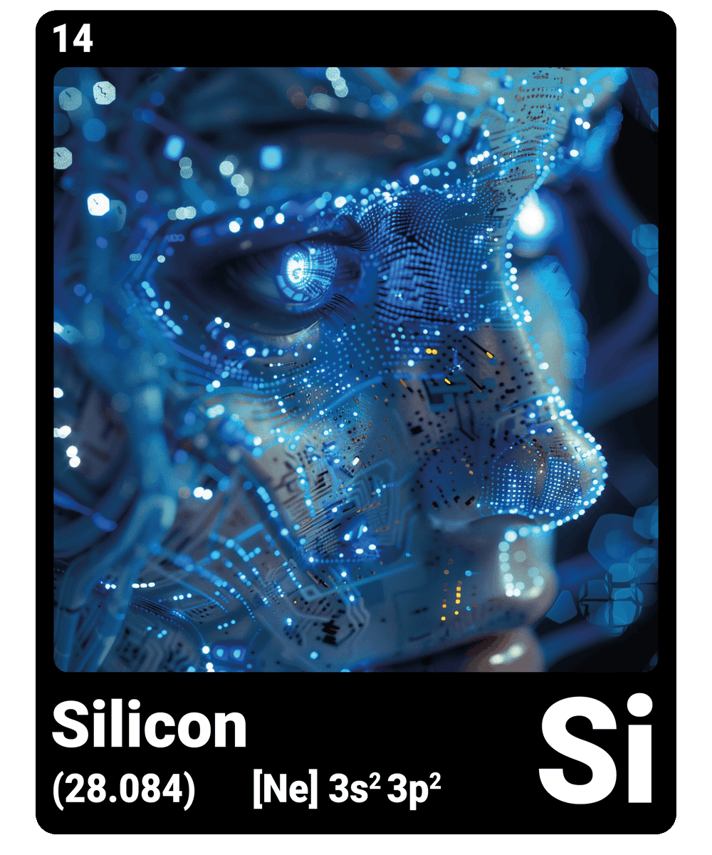 br_AI_king's tweet image. This is what it looks like when AI gives the chemical element #silicon a face - find all #ChemicalElement in the bio #ScienceArt