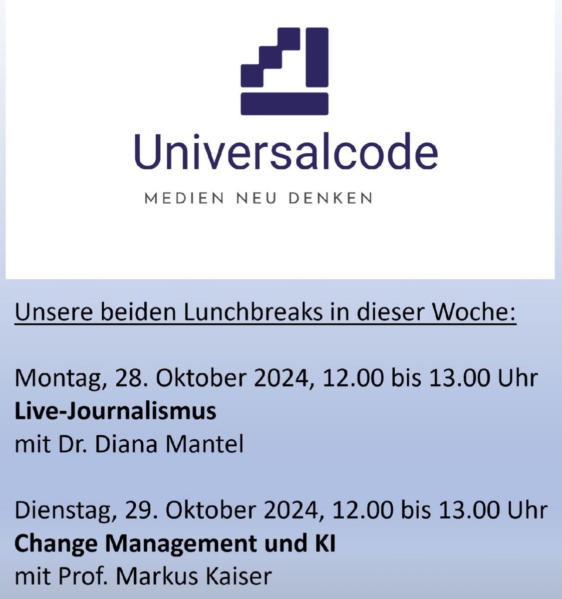 ScholzMunich's tweet image. Die beiden nächsten Lunchbreaks in der kommenden Woche …
Kostenfreie Anmeldungen und mehr Infos unter:
lnkd.in/e_5MvxmP
#Universalcode #Lunchbreak #KI