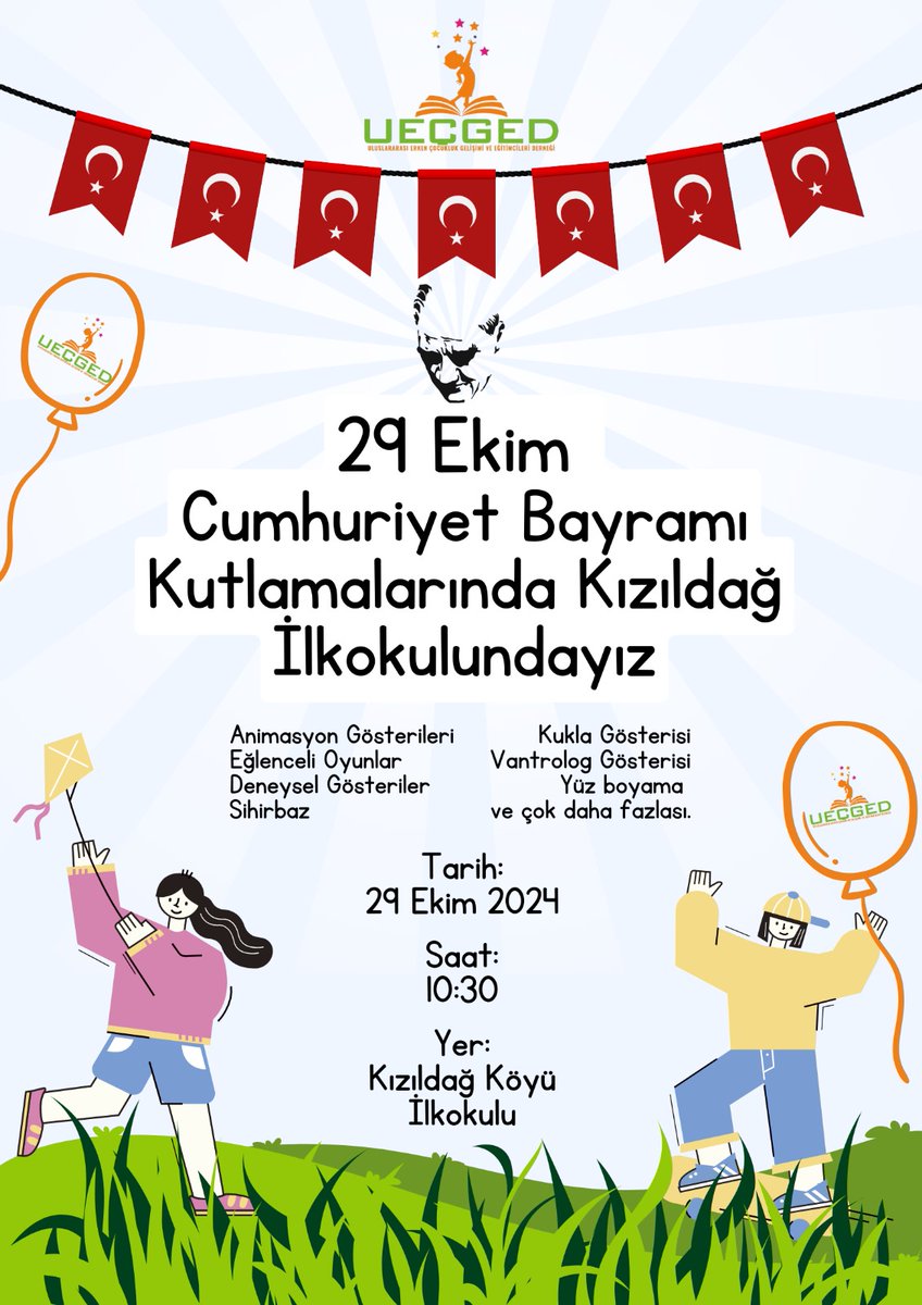 29 Ekim’de Cumhuriyetimizin 101. Yılını kutlamak için Kızıldağ İlkokulu’ndayız. UEÇGED ailesi olarak animasyonlar, oyunlar ve gösterilerle cumhuriyet coşkusunu Kızıldağ’ın güzel çocuklarıyla birlikte yaşamak için günün tatlı heyecanını kucakladığımız bir güne adım atıyoruz.🇹🇷