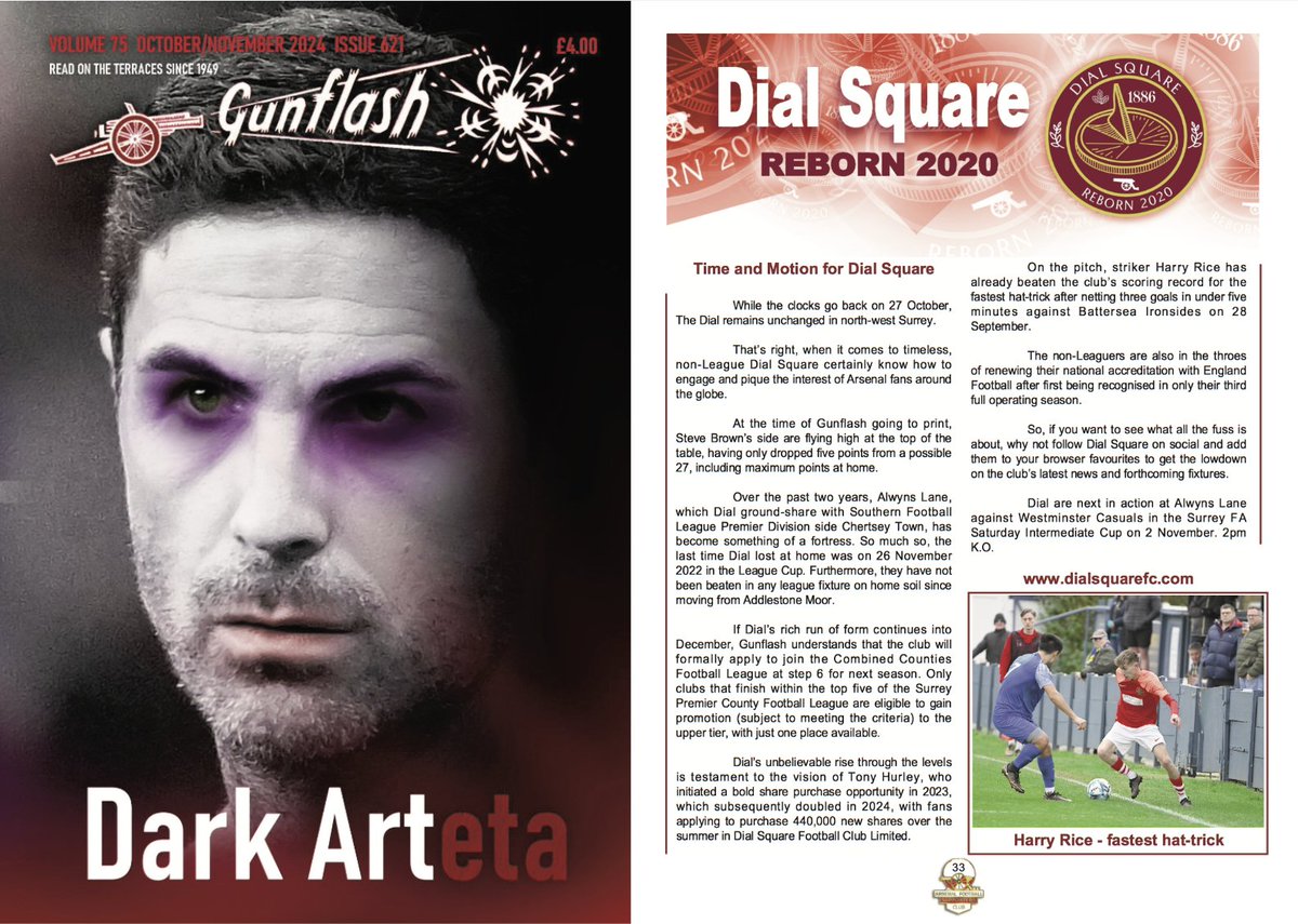 TheDial's tweet photo. Thank you to Barry Hatch, editor of @AFSCLondon's Gunflash, for featuring #DialSquare on page 33 of this month's (October 2024) bimonthly @Arsenal fanzine. https://t.co/EsIz4KFtlu