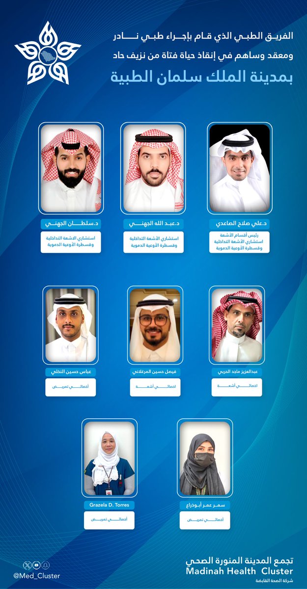 تجمع المدينة المنورة الصحي | MHC (@med_cluster) on Twitter photo الفريق الطبي المنفذ للإجراء الطبي النادر والمساهم في إنقاذ حياة فتاة من نزيف حاد بمدينة الملك سلمان الطبية
#بكوادرنا_نفخر 
#تجمع_المدينة_الصحي الفريق الطبي المنفذ للإجراء الطبي النادر والمساهم في إنقاذ حياة فتاة من نزيف حاد بمدينة الملك سلمان الطبية
#بكوادرنا_نفخر 
#تجمع_المدينة_الصحي