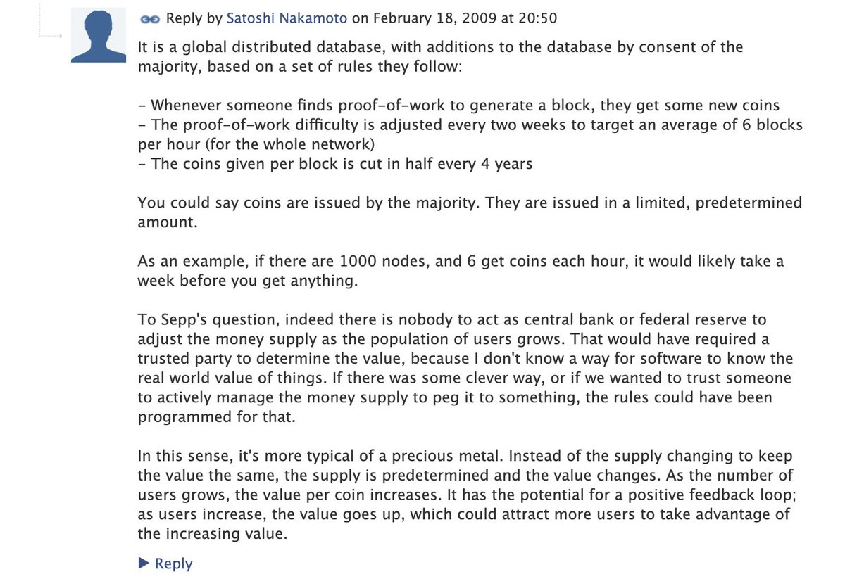 ⚡️FLASHBACK: 15 years ago, Satoshi Nakamoto explained in a forum on why #Bitcoin’s supply was made to be fixed.

“As the number of users grows, the value per coin increases.” 💯