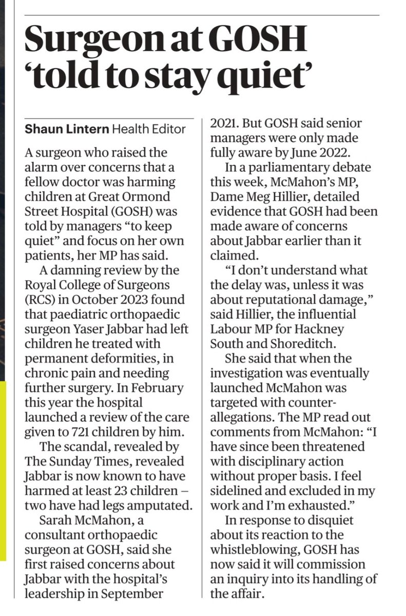 Whistleblowing surgeon <a href="/GreatOrmondSt/">Great Ormond Street Hospital for Children</a> was told to "keep quiet" by managers. MP <a href="/Meg_HillierMP/">Meg Hillier</a> has now taken up the scandal involving 721 children. Read: hansard.parliament.uk/Commons/2024-1…

GOSH has announced a new inquiry into its leadership &amp; governance aft the Yaser Jabbar affair: