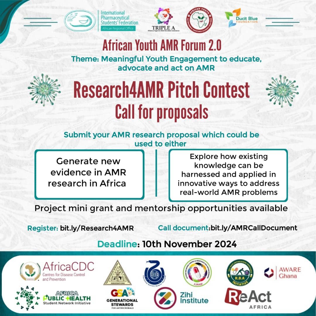 Do you wish to contribute towards curbing #AntimicrobialResistance in Africa via innovative research?
Apply now and participate in the #Research4AMR Pitch Contest. Registration link: bit.ly/Research4AMR . More guidelines in call document: bit.ly/AMRCallDocument
