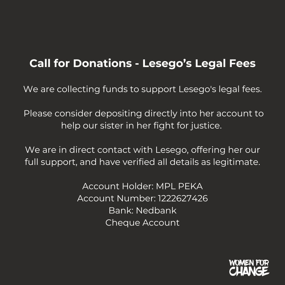 womenforchange5's tweet photo. We may not be able to take away the pain, but we can call for justice and contribute to Lesego’s legal fees. It’s the least we can do to support our sister. #justiceforkaone  #JusticeForLesego https://t.co/BA9AzJCxjv