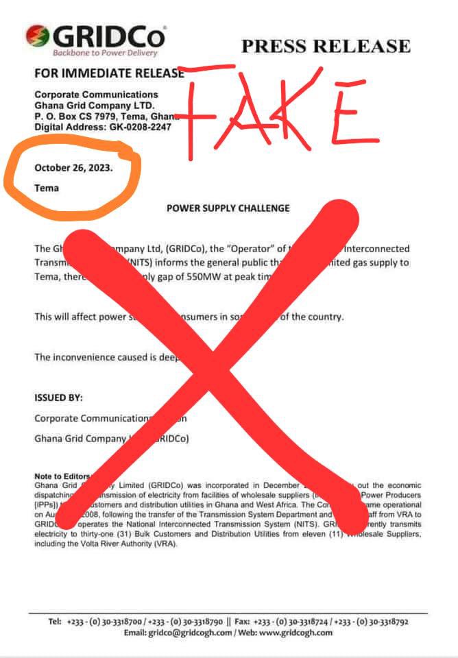 It has come to the notice of GRIDCo Communications of a statement a statement purportedly issued by us 

Please note in the fake statement the date is wrong - it is labelled as Oct 26, 2023 (we are in 2024)

<a href="/moigovgh/">Ministry of Information</a> @EnergyMinGhana <a href="/JohnJinapor/">John Abdulai Jinapor</a> <a href="/Joy997FM/">Joy 99.7 FM</a> <a href="/tv3_ghana/">#TV3GH</a>