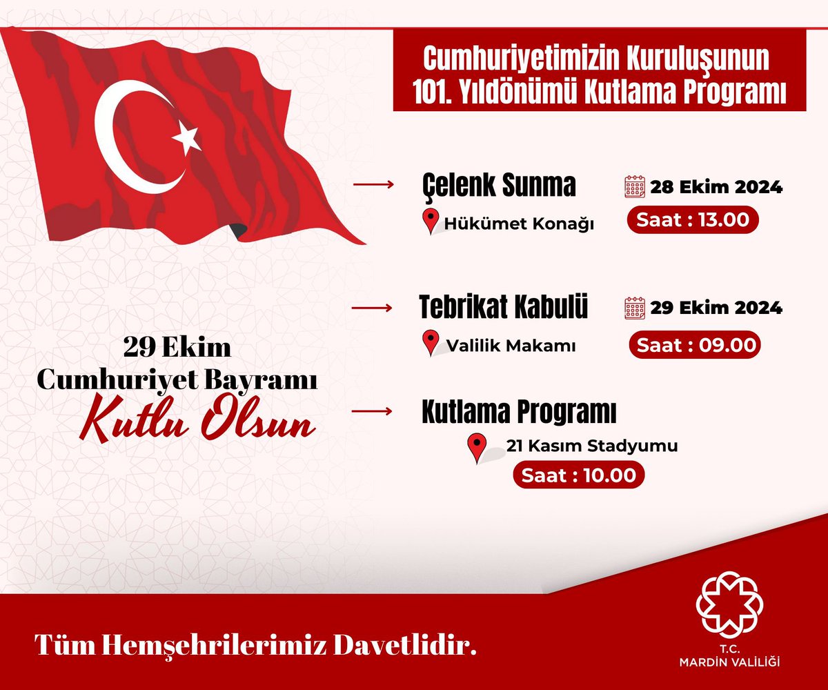 Mardin Valiliği (@mardin_valiligi) on Twitter photo Cumhuriyetimiz 101 Yaşında 🇹🇷
Cumhuriyetimizin 101.Yıldönümü münasebetiyle Mardin'imizde düzenleyeceğimiz kutlama programına tüm hemşehrilerimiz davetlidir.
#29Ekim #CumhuriyetBayramı #Cumhuriyet101Yaşında
<a href="/iletisim/">T.C. İletişim Başkanlığı</a>
<a href="/TC_icisleri/">T.C. İçişleri Bakanlığı</a> Cumhuriyetimiz 101 Yaşında 🇹🇷
Cumhuriyetimizin 101.Yıldönümü münasebetiyle Mardin'imizde düzenleyeceğimiz kutlama programına tüm hemşehrilerimiz davetlidir.
#29Ekim #CumhuriyetBayramı #Cumhuriyet101Yaşında
<a href="/iletisim/">T.C. İletişim Başkanlığı</a>
<a href="/TC_icisleri/">T.C. İçişleri Bakanlığı</a>