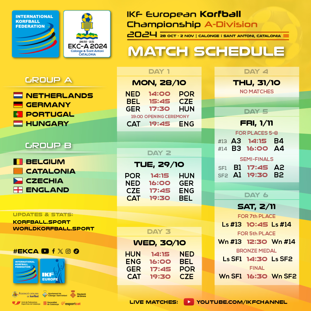 Horaris de joc | #EKCA 2024

🏆 IKF European #Korfball Championship A-Division 2024
🗓️ 28/10-2/11 📍 Calonge i Sant Antoni
📺📰 Info, partits en directe i resultats: korfbal.cat/ekc2024

No us perdeu a les 8 millors seleccions d'Europa competint! #korfbal #EsportMixt #corfbol