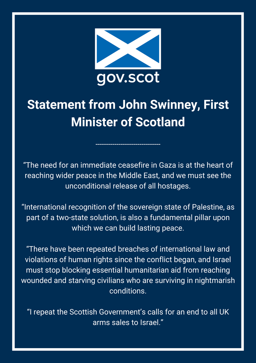 Marking one year since Israel's invasion of Gaza, First Minister <a href="/JohnSwinney/">John Swinney</a> has called again for an immediate ceasefire in the region, unrestricted humanitarian access to Gaza and an end to UK arms being sent to Israel.

Read the full statement -> bit.ly/3Ur1Zj0