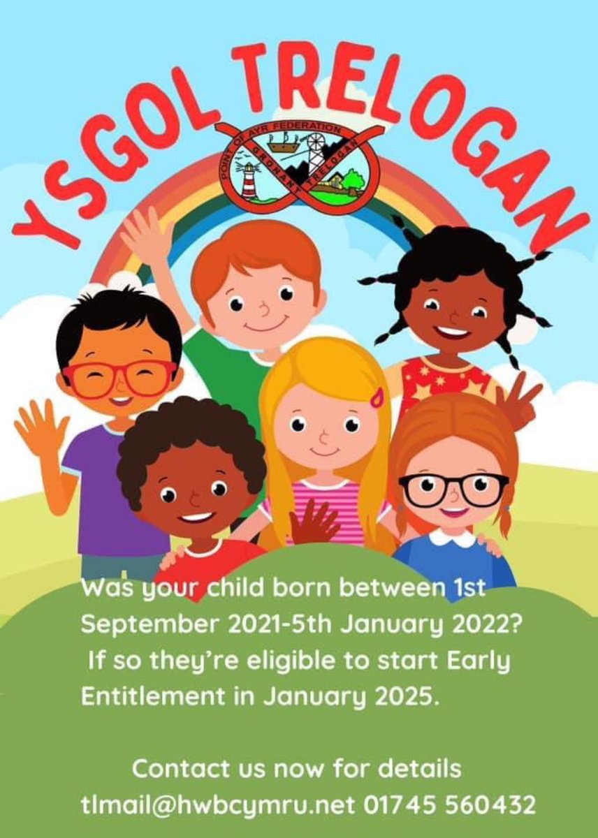 Do you have a child starting school in 2024, 2025 or even 2026? 

Come and take a look at our early years settings! 

Wednesday 6th November 10:30-11:30am / 1:30-2:30pm 

#YsgolGronant #YsgolTrelogan
