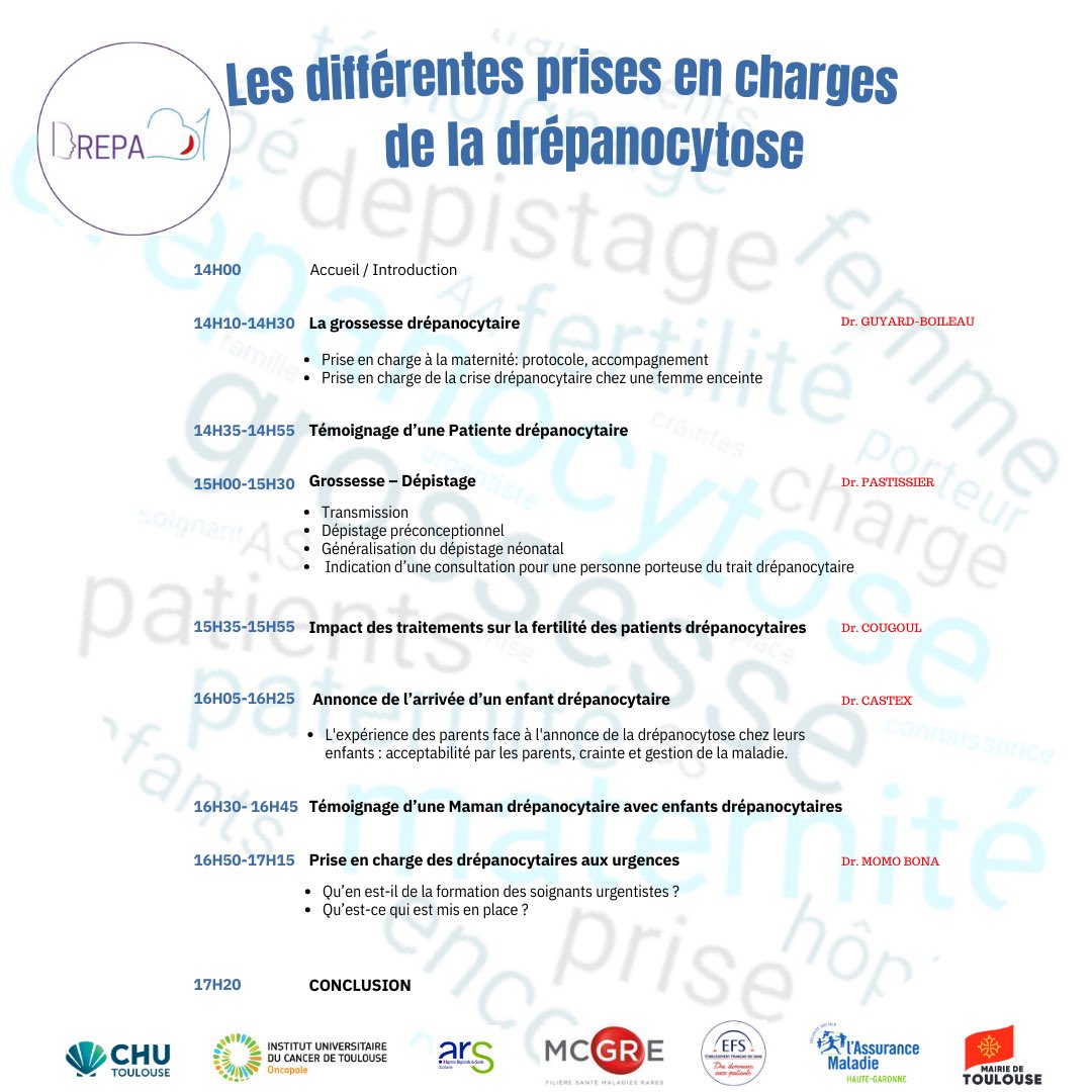 Drépa31 (@drepa_31) on Twitter photo <a href="/Drepa_31/">Drépa31</a> avec le soutien des médecins référents de la drépanocytose du <a href="/CHUdeToulouse/">CHU de Toulouse - compte inactif</a> <a href="/IUCTOncopole/">IUCT Oncopole</a> vous invite au séminaire : « Les différentes prises en charges de la Drépanocytose »
🗓️ Vendredi 29 novembre 2024
⏰ 14h00 à 18h00
Inscription ⤵️
bit.ly/pec-drepano <a href="/Drepa_31/">Drépa31</a> avec le soutien des médecins référents de la drépanocytose du <a href="/CHUdeToulouse/">CHU de Toulouse - compte inactif</a> <a href="/IUCTOncopole/">IUCT Oncopole</a> vous invite au séminaire : « Les différentes prises en charges de la Drépanocytose »
🗓️ Vendredi 29 novembre 2024
⏰ 14h00 à 18h00
Inscription ⤵️
bit.ly/pec-drepano