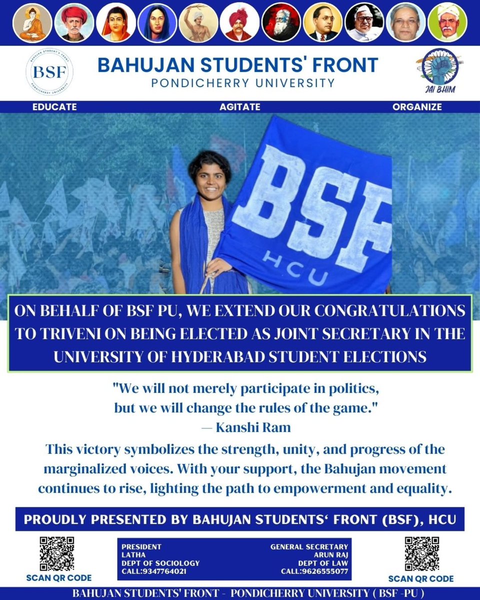 bsf_pu's tweet photo. A proud moment for Bahujan unity! ✊🎉
Heartfelt congratulations to **Triveni** for being elected as the **Joint Secretary** in the University of Hyderabad Student Elections. Your victory reflects the rise of marginalized voices and the realization of Kanshi Ram's vision https://t.co/7vgLUlAD4K