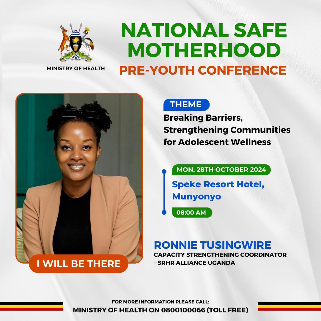 SRHRAllianceUg's tweet photo. The National Safe Motherhood Pre-Youth Conference will be happening tomorrow &amp; we are excited to be part of it . We shall be represented by our
CD @Auntie_Olzz , PM Margaret Nannyombi , PCDC @RonnieShe  &amp; YCC @SheiratN . 
See You There! 
#SRHR4All https://t.co/eSCM67zNb0