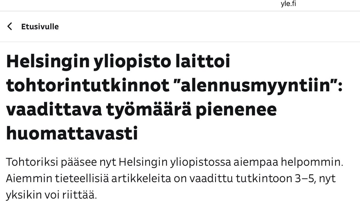 Mikael Niku (@mikaelniku) on Twitter photo Ale on tarpeettoman ruma sana, sanoisin ettĂ€ kohtuullistamme tutkintovaatimuksia. Mutta taustoja ja motiiveja on hyvĂ€ perata: kuka ohjailee yliopistoja, miksi ja miten? Kommentti ruohonjuurelta = muutaman <a href="/helsinkiuni/">University of Helsinki</a> vĂ€itöskirjatutkijan ohjaajalta âïž
yle.fi/a/74-20118082 Ale on tarpeettoman ruma sana, sanoisin ettĂ€ kohtuullistamme tutkintovaatimuksia. Mutta taustoja ja motiiveja on hyvĂ€ perata: kuka ohjailee yliopistoja, miksi ja miten? Kommentti ruohonjuurelta = muutaman <a href="/helsinkiuni/">University of Helsinki</a> vĂ€itöskirjatutkijan ohjaajalta âïž
yle.fi/a/74-20118082