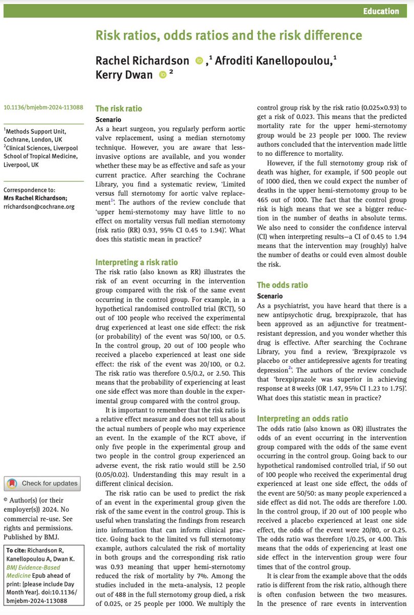 Risk ratios, odds ratios and the risk difference

#Education by @racherichardson <a href="/dwan_kerry/">Dr Kerry Dwan</a> @afkanellopoulou <a href="/cochranecollab/">Cochrane</a> @cochranemthds

Link: bit.ly/3XL7H03