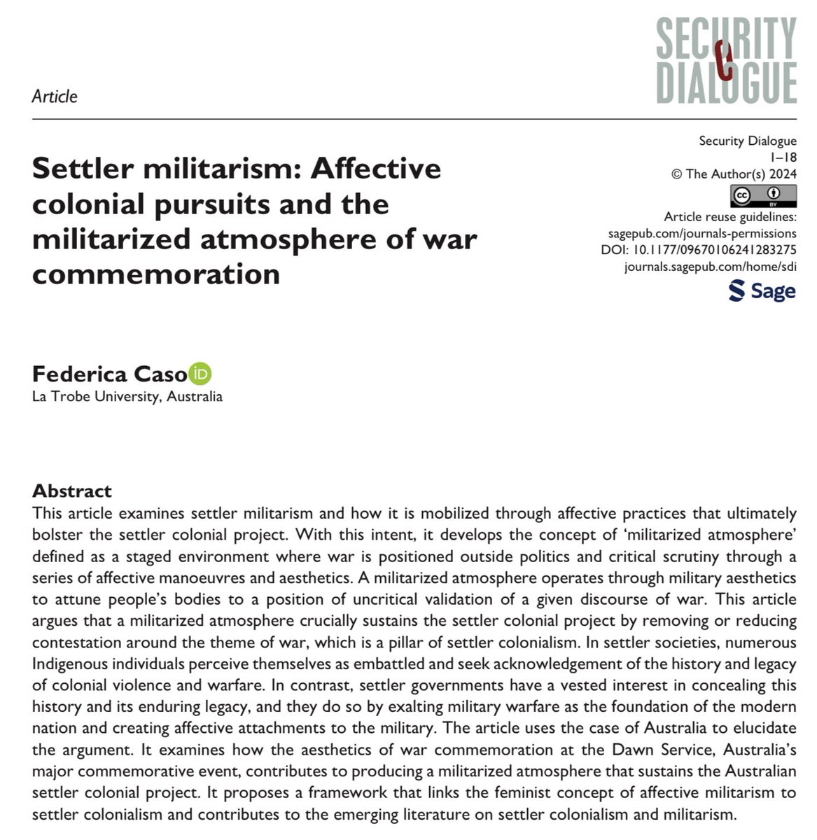 Roland Bleiker (@rbleiker) on Twitter photo How military aesthetics places war beyond contestation and creates affective attachments that sustain settler colonialism. New essay by @Federica_Caso in <a href="/SecDialogue/">Security Dialogue</a>. journals.sagepub.com/doi/10.1177/09… How military aesthetics places war beyond contestation and creates affective attachments that sustain settler colonialism. New essay by @Federica_Caso in <a href="/SecDialogue/">Security Dialogue</a>. journals.sagepub.com/doi/10.1177/09…