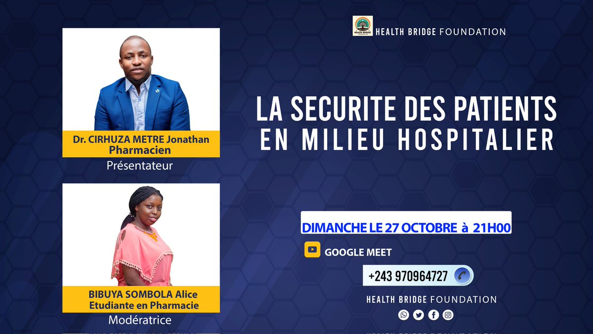 HBF_DRC's tweet photo. https://t.co/3FeMl3opVd
L'Organisation Health Bridge Foundation vous invite chaleureusement à participer à une discussion essentielle portant sur la sécurité des patients au sein des hôpitaux. https://t.co/KmGn4cNadm