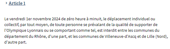 OL__Plus's tweet photo. Arrêté du 25 octobre 2024 portant interdiction de déplacement des supporters du club de football de l'#OL lors de la rencontre du vendredi 1er novembre 2024 à 21 heures avec le #LOSC
#LOSCOL #Lille 
(Journal officiel : https://t.co/7k6b5ux2aE) https://t.co/n0u6mbRyY0