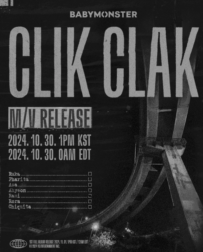 AboutMusicYT's tweet photo. BABYMONSTER will release the music video for 'Clik Clak' on October 30th. https://t.co/5XmM4uRJxF
