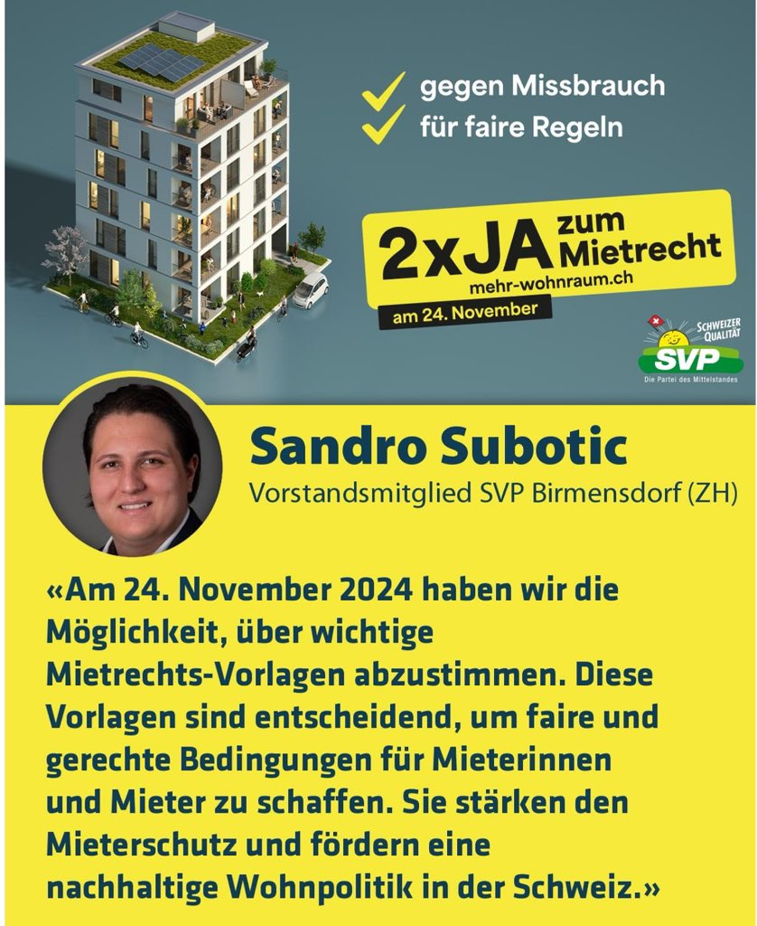 SandroSubotic's tweet photo. Am 24. November 2024 haben wir die #Chance, zwei #wichtige #Vorlagen zum #Mietrecht zu unterstützen. Diese #Initiative zielt darauf ab, die #Rechte von #Mietern 🏡 zu #stärken und für mehr #Fairness auf dem #Wohnungsmarkt 🏘️ zu sorgen.

Mit einem klaren #JA ✅ setzen wir ein Zeichen für #bezahlbaren #Wohnraum und #stabile #Mietverhältnisse. Diese #Massnahmen sind entscheidend, um den #Herausforderungen im #Wohnungsmarkt gerecht zu werden und sicherzustellen, dass alle #Menschen #Zugang zu #angemessenem #Wohnraum 🏘️ haben.

Lasst uns gemeinsam für eine #gerechtere #Mietpolitik eintreten!