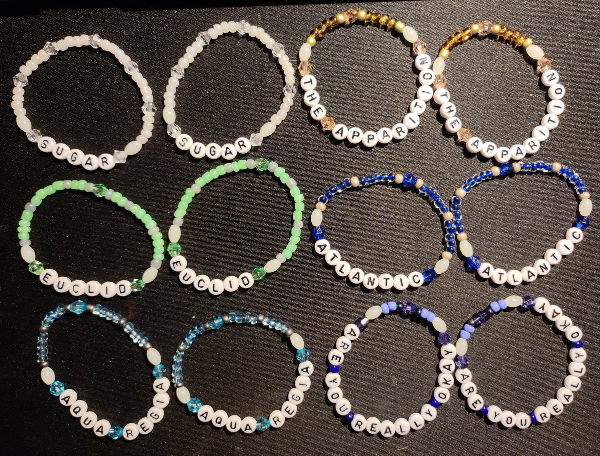 Michelle_Emmina's tweet photo. I made 55 freebie bracelets in total for Sleep Token in Nuernberg 
Two of everything, except Euclid, I made 7 for Euclid, in green inspired by #ProjectEuclid 💚 https://t.co/EZ3XAs8eik