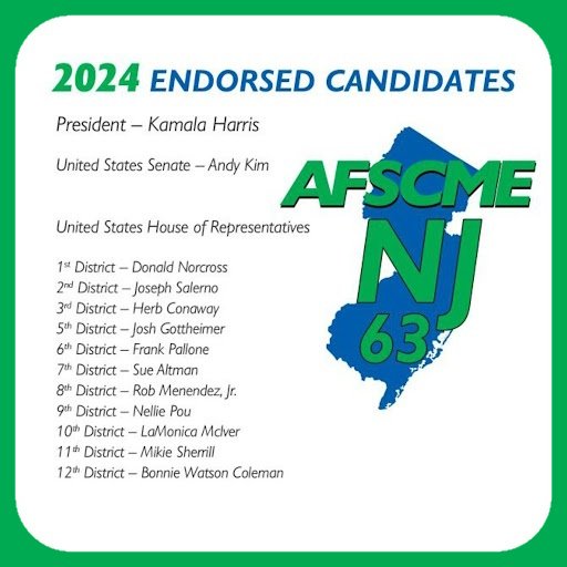 AFSCMENJ (@afscmenewjersey) on Twitter photo Council 63 endorses the following candidates.
<a href="/KamalaHarris/">Kamala Harris</a>
<a href="/AndyKimNJ/">Andy Kim</a>
<a href="/DonNorcross4NJ/">Donald Norcross</a>
<a href="/JoeSalernoNJ/">Joe Salerno</a>
<a href="/herbconaway/">Dr. Herb Conaway</a>
<a href="/Josh4Jersey/">Josh Gottheimer</a>
<a href="/pallonefornj/">Frank Pallone, Jr.</a>
<a href="/suealtman/">Sue Altman</a>
<a href="/RobMenendez4NJ/">Rob Menendez</a>
<a href="/NelliePou/">Nellie Pou</a>
<a href="/LamonicaMciver/">LaMonica McIver</a>
<a href="/MikieSherrill/">Mikie Sherrill</a>
<a href="/Bonnie4Congress/">Bonnie Watson Coleman</a> Council 63 endorses the following candidates.
<a href="/KamalaHarris/">Kamala Harris</a>
<a href="/AndyKimNJ/">Andy Kim</a>
<a href="/DonNorcross4NJ/">Donald Norcross</a>
<a href="/JoeSalernoNJ/">Joe Salerno</a>
<a href="/herbconaway/">Dr. Herb Conaway</a>
<a href="/Josh4Jersey/">Josh Gottheimer</a>
<a href="/pallonefornj/">Frank Pallone, Jr.</a>
<a href="/suealtman/">Sue Altman</a>
<a href="/RobMenendez4NJ/">Rob Menendez</a>
<a href="/NelliePou/">Nellie Pou</a>
<a href="/LamonicaMciver/">LaMonica McIver</a>
<a href="/MikieSherrill/">Mikie Sherrill</a>
<a href="/Bonnie4Congress/">Bonnie Watson Coleman</a>