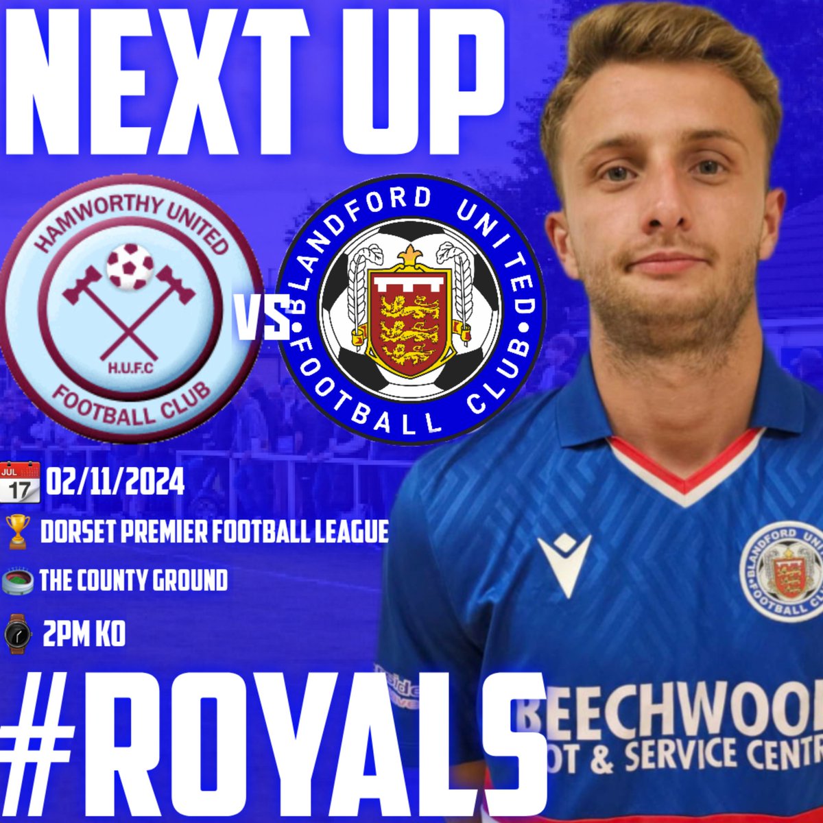 Blandford United FC (@blandfordutdfc) on Twitter photo ๐
| ๐๐๐๐ ๐๐...
๐
Saturday 2nd November
๐ <a href="/DPL_official/">Dorset Premier Football League</a>
๐ <a href="/HUFCReserves/">Hamworthy United FC Reserves</a>
๐๏ธ The County Ground
๐ ยฃ5 Adults, ยฃ3 Concession, U18s ยฃ1
โ 2PM KO
๐ ๐๐ ๐๐๐ ๐๐๐๐๐๐! ๐
#RoyaIs ๐
| ๐๐๐๐ ๐๐...
๐
Saturday 2nd November
๐ <a href="/DPL_official/">Dorset Premier Football League</a>
๐ <a href="/HUFCReserves/">Hamworthy United FC Reserves</a>
๐๏ธ The County Ground
๐ ยฃ5 Adults, ยฃ3 Concession, U18s ยฃ1
โ 2PM KO
๐ ๐๐ ๐๐๐ ๐๐๐๐๐๐! ๐
#RoyaIs