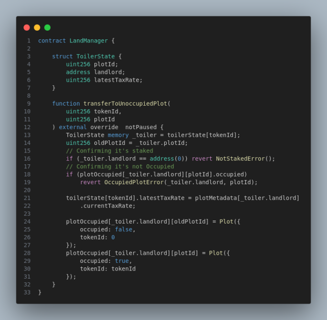 BugPull's tweet photo. The LandManager contract lets users place their munchables on other users’ plots🏞️to gain schnibbles.

It also offers a function to relocate a staked token between plots 🔄,

But this function has a bug, can you spot it? 🤔 https://t.co/gZHq5Bt4Cz