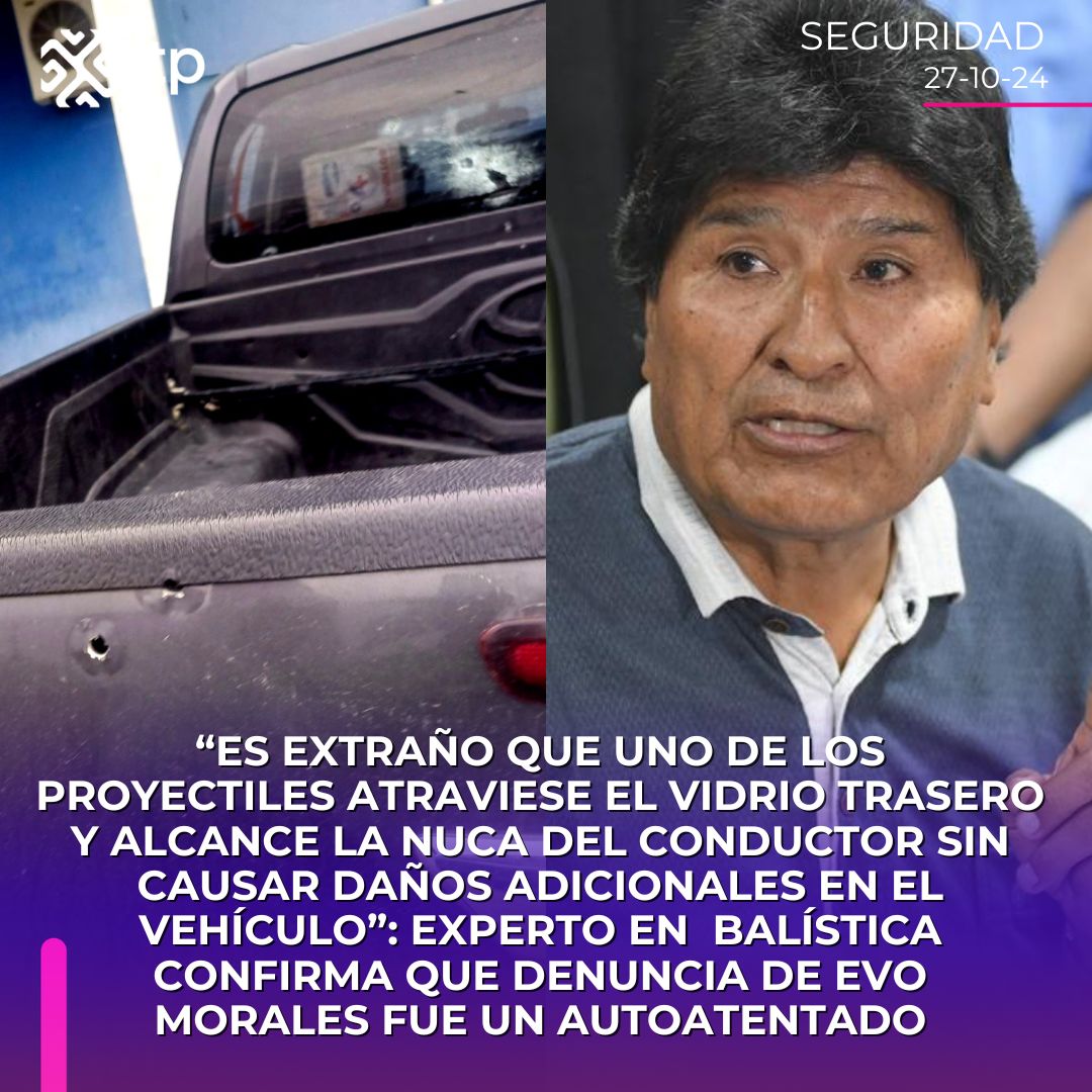 rtp_bolivia's tweet photo. #RTPInforma 
🔴 El doctor forense y experto en balística, Javier Romero, afirmó que el reciente ataque denunciado por #EvoMorales podría tratarse de un autoatentado, tras analizar la trayectoria y el impacto de los disparos. Según Romero, el ángulo de los proyectiles sugiere que el disparo podría haberse efectuado desde el interior del vehículo o en condiciones de control que cuestionan la veracidad de un ataque externo.

“La trayectoria de los disparos y su punto de impacto resultan inusuales en un atentado externo; si los disparos provenían de atrás, es extraño que uno de los proyectiles atraviese el vidrio trasero y alcance la nuca del conductor sin causar daños adicionales en el vehículo”, explicó el experto. Este detalle ha suscitado dudas sobre la versión oficial y refuerza la hipótesis de que el incidente podría haber sido cuidadosamente planificado para sembrar confusión.

Mientras tanto, Morales sigue impulsando los bloqueos en diferentes rutas del país como medida para asegurar su seguridad y manejar la tensión creciente en torno a su liderazgo. “Este intento de consolidar su control y su seguridad revela el aislamiento al que se enfrenta y una crisis que se intensifica cada día”, concluyó Romero. (Pulso, vía https://t.co/zYIPuXQVVm)
